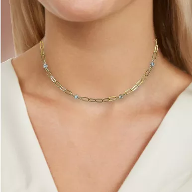 *14K Gold 16+2 Medium Paperclip Necklace w/5-4mm Bezel Cubic Zirconia
