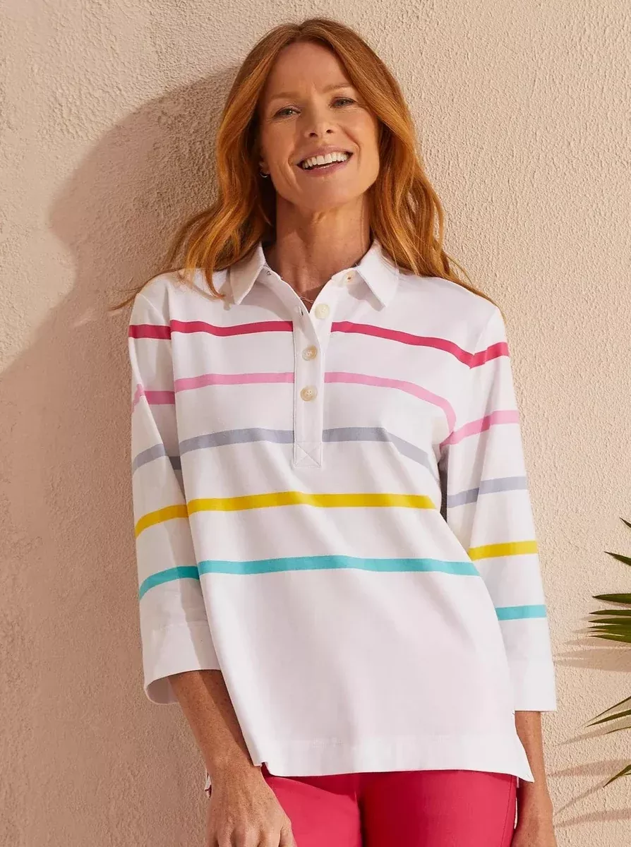 3/4 Sleeve Polo Top [Rasberry-1805O]