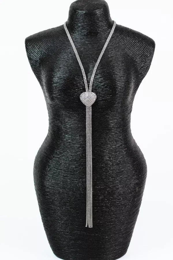Arch Filled Rhinestone Heart Long Necklace