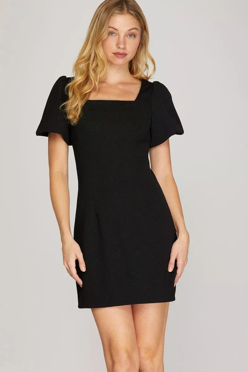 Black Puff Sleeve Knit Mini Dress