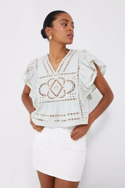 Blue Blaire Eyelet Flutter Sleeve Top