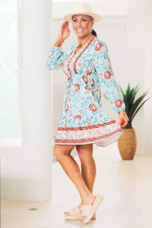 Bohemian Floral Mini Dress w/ Front Button & Tie Accent (SALE)