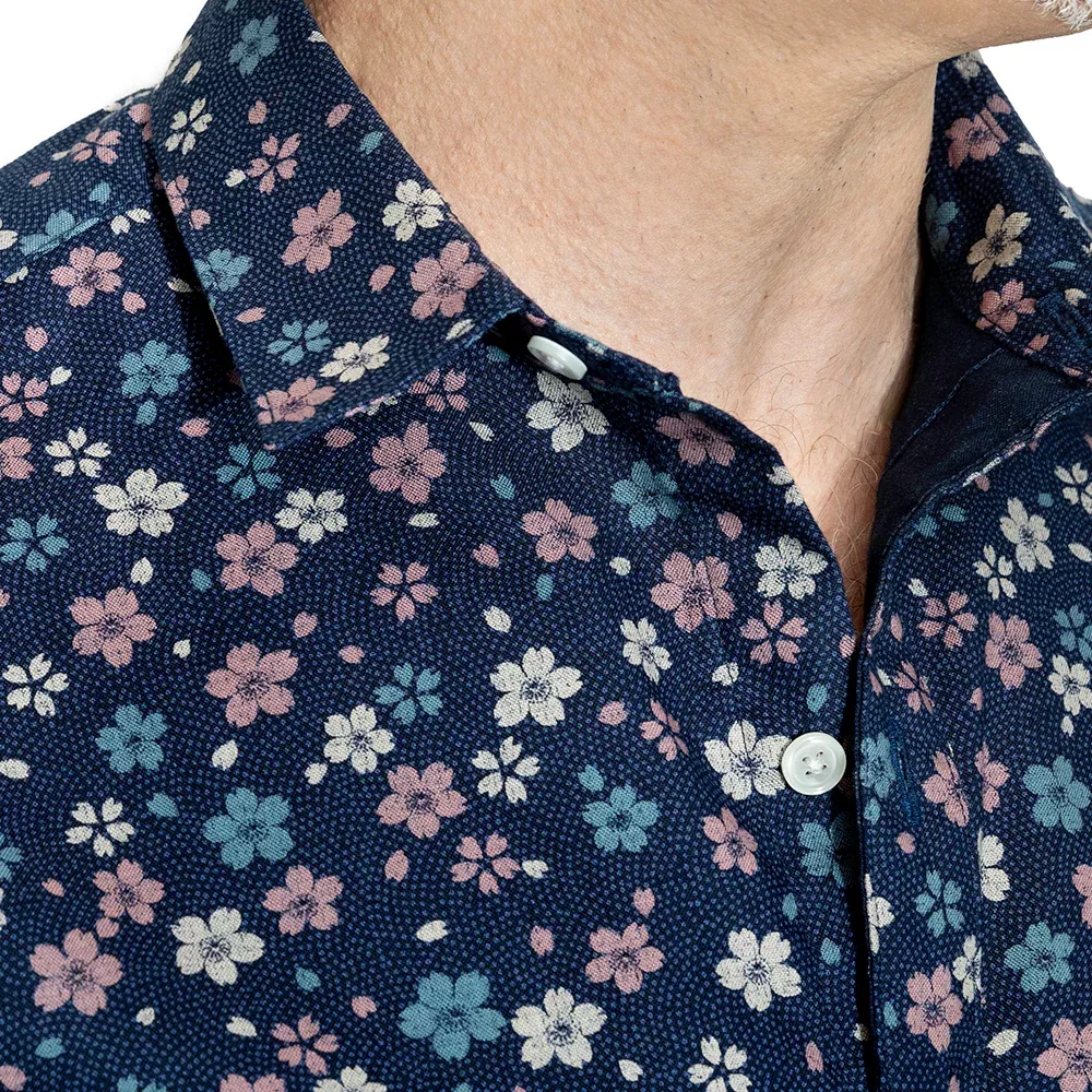 BOXTER Short Sleeve Shirt in Blue & Pink Japanese Floral Print