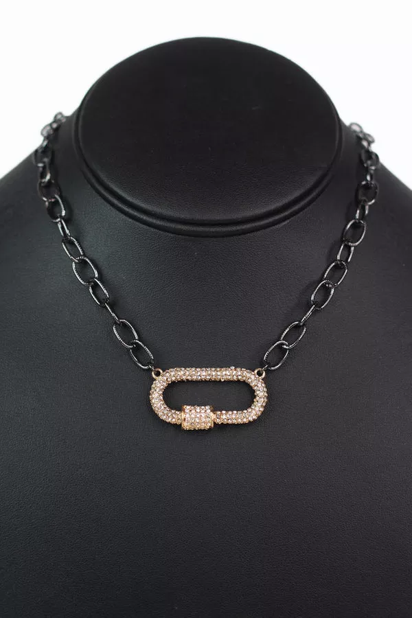 Chain Link Necklace w/ Pave Rhinestone Oval Pendant