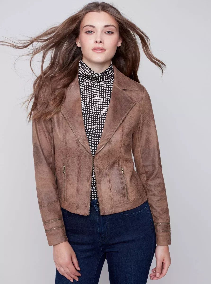Coated Faux Sueded Motto Jacket [Truffle-C6231]
