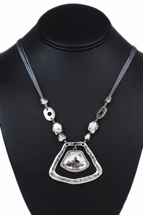 Cord Strand Necklace w/ Matte Metal Beads and Gemstone Centerpiece
