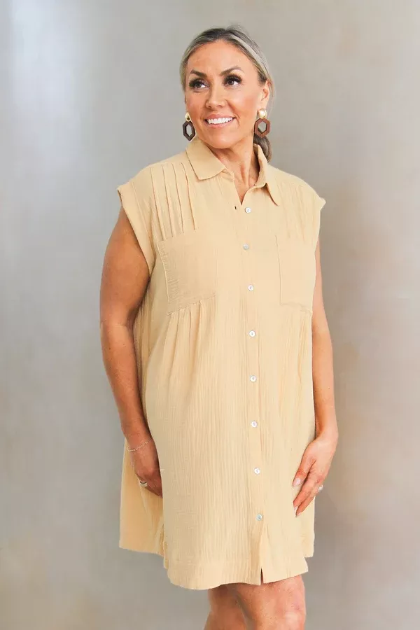 Cotton Gauze Button Down Dress w/ Front Tucks & Pockets