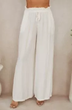 Crinkle Elastic Waist Tie Front Wide Leg Pant w Pockets