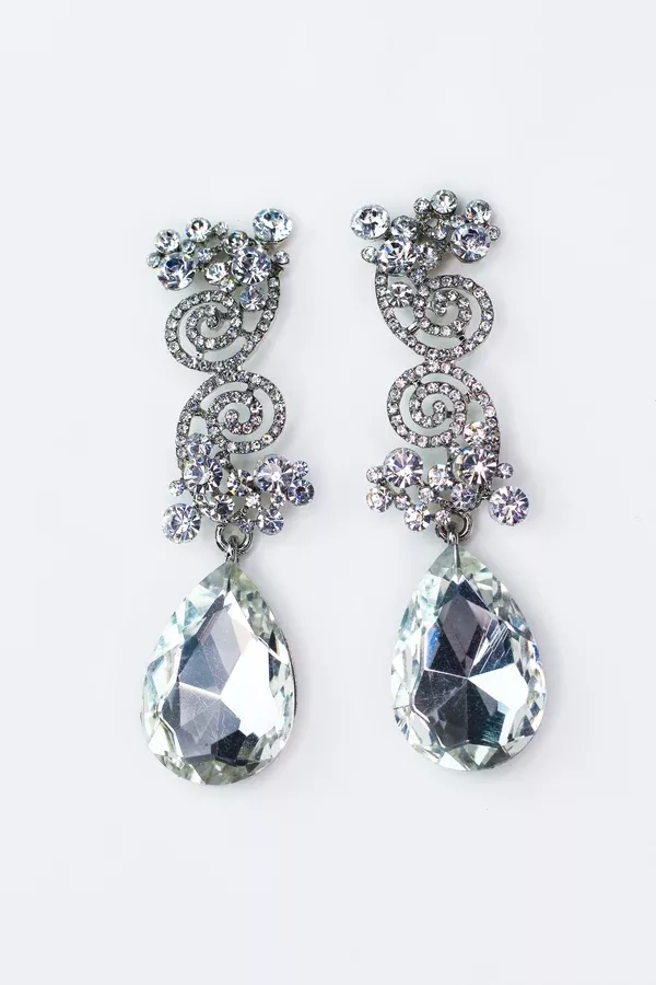Double Swirl Top Teardrop Bottom Rhinestone Earrings