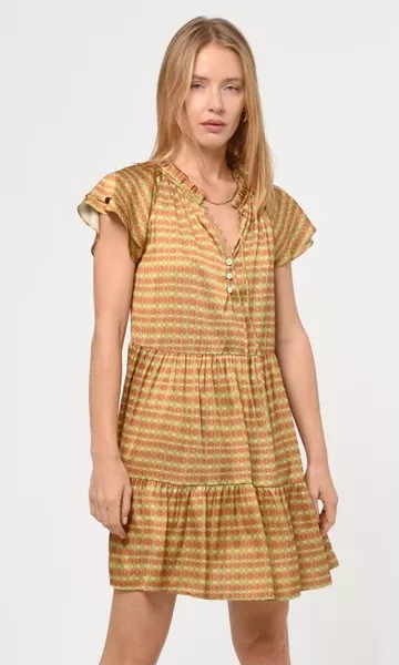Ena Pull Over Flutter Sleeve Printed Dress ~ Copper