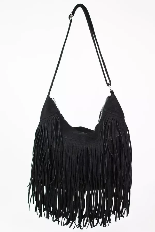 Faux Suede Fringe Covered Zip Top Purse