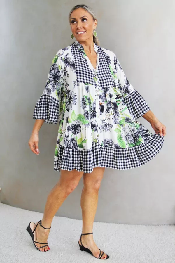 Floral & Gingham Print V-Neck Babydoll Dress