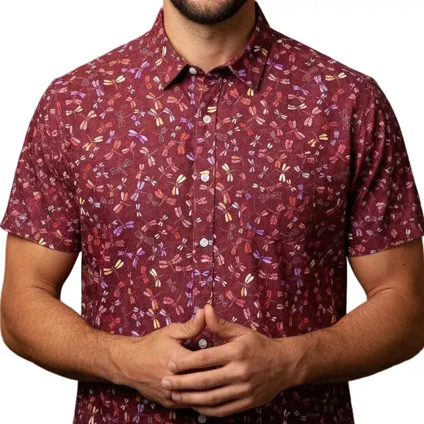 GABRIEL Short Sleeve Shirt in Red Japanese Dragonfly Print