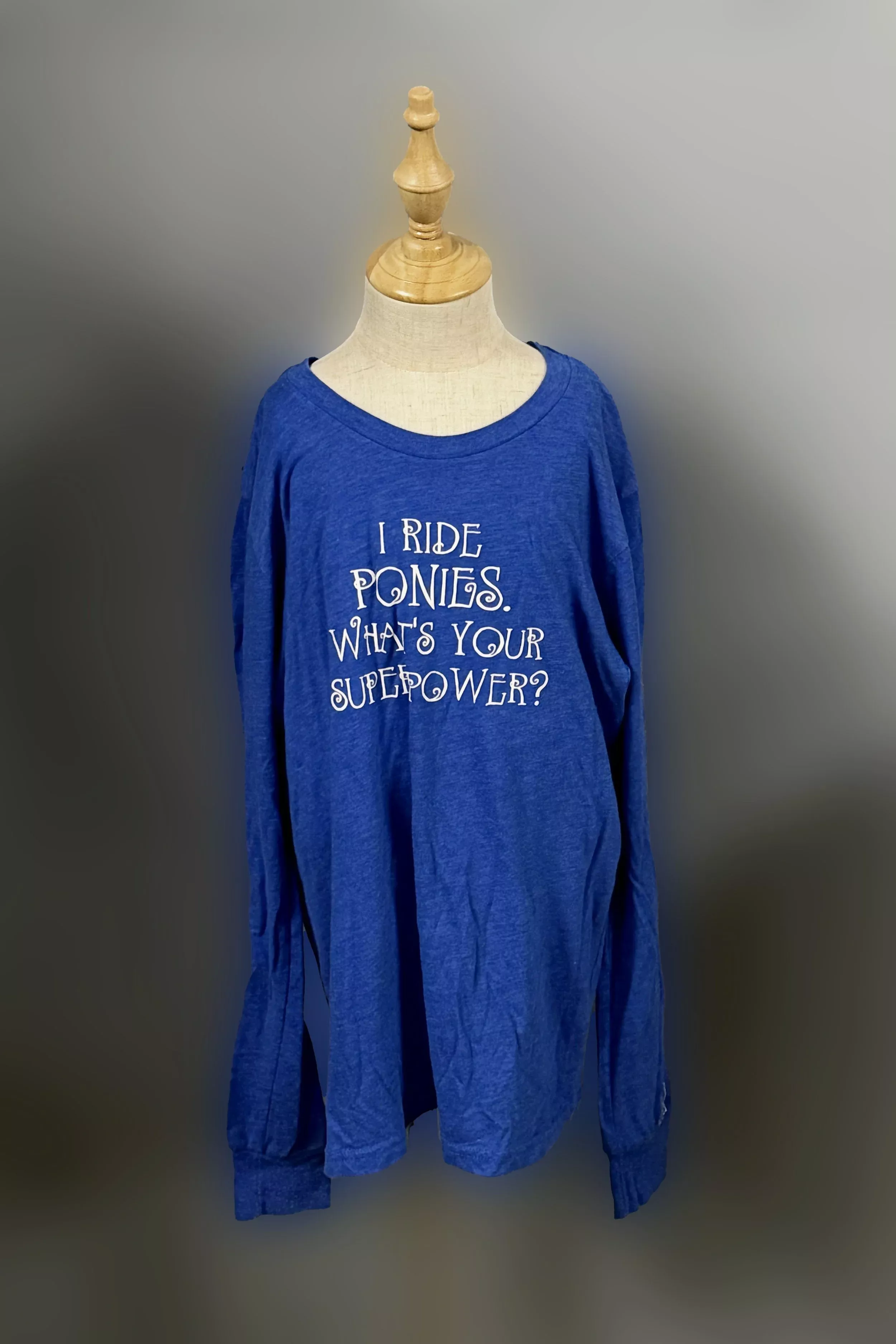 "I Ride Ponies, What Is Your Superpower?" Long Sleeve Tee In Blue - Kids Large