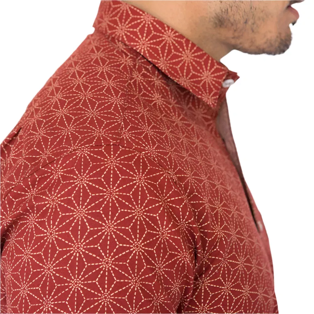 JONES Short Sleeve Shirt in Tomato Red Japanese Geometric Floral 'Asanoha" Print (SIZE M & L)