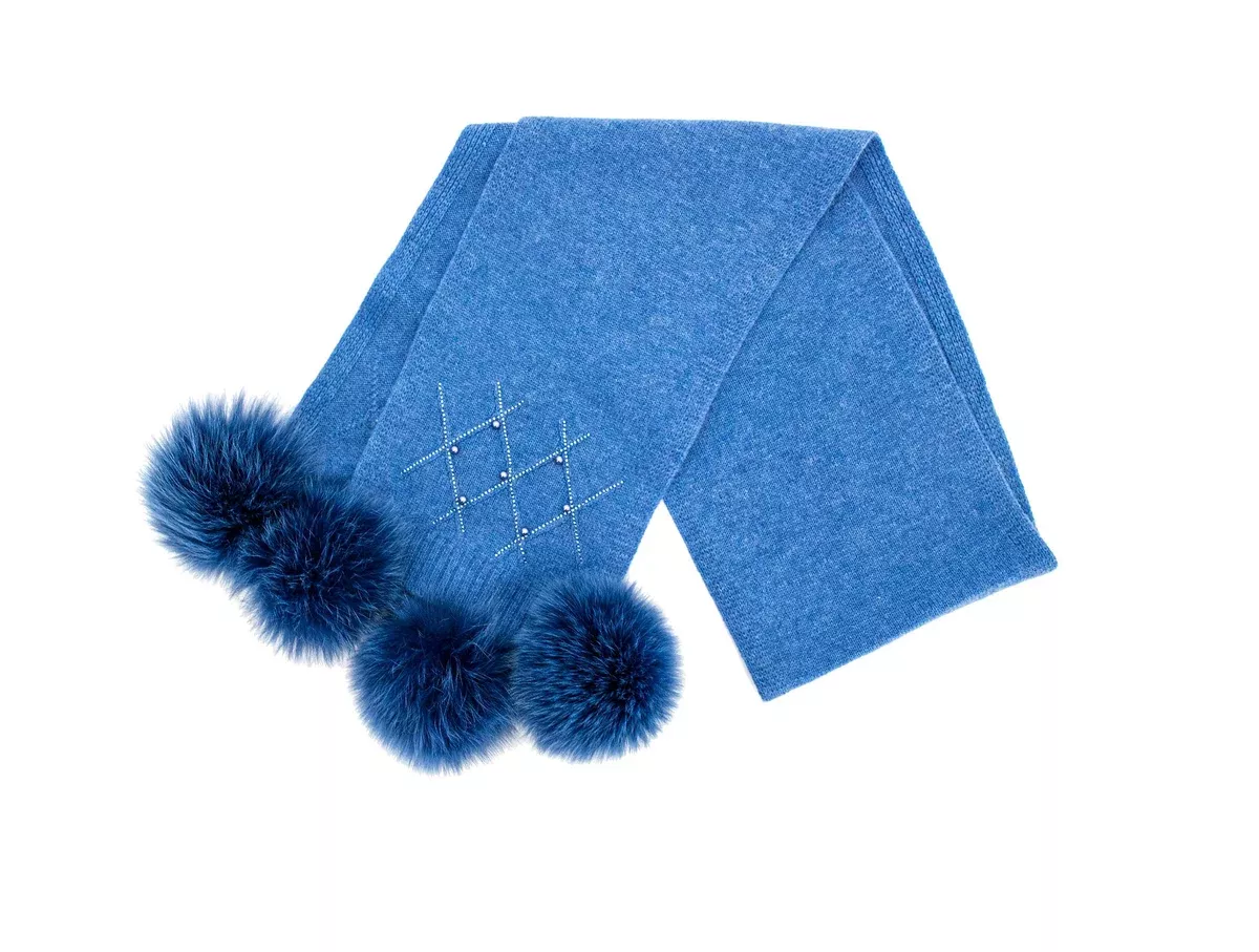 Mitchie's Matchings | Diamond Pattern Scarf with Fox Fur Poms | Women's