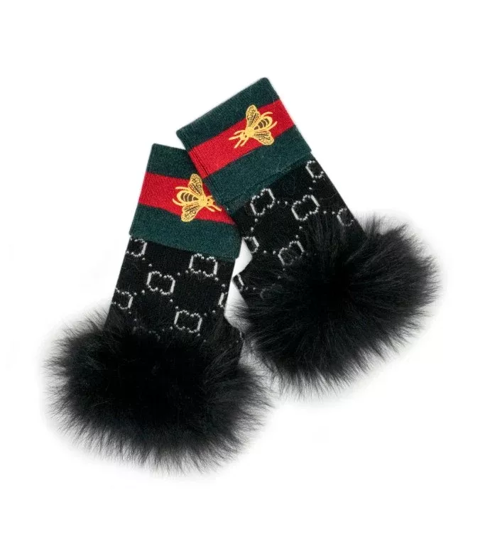 Mitchie's Matchings | Knitted Fingerless Gloves | Embroidered Bee | Fox Trim