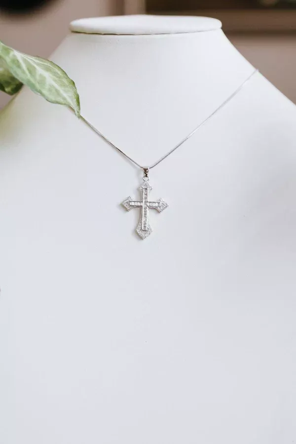 Pave Point Ends Baguette Cross Necklace