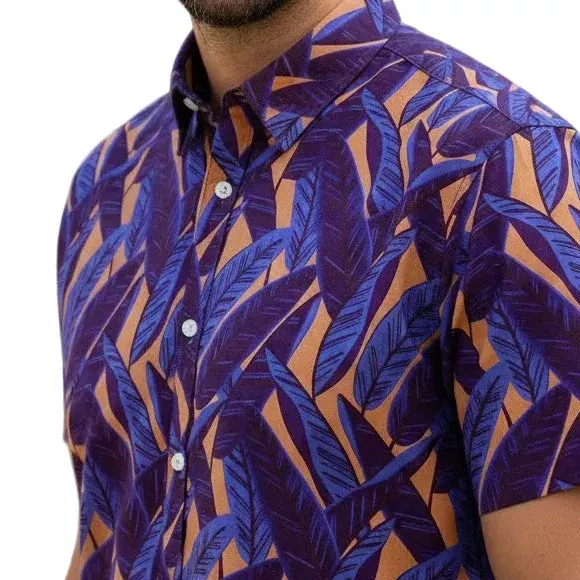 RAFAEL Short Sleeve Shirt in Purple & Tangerine Tropical Palms Print
