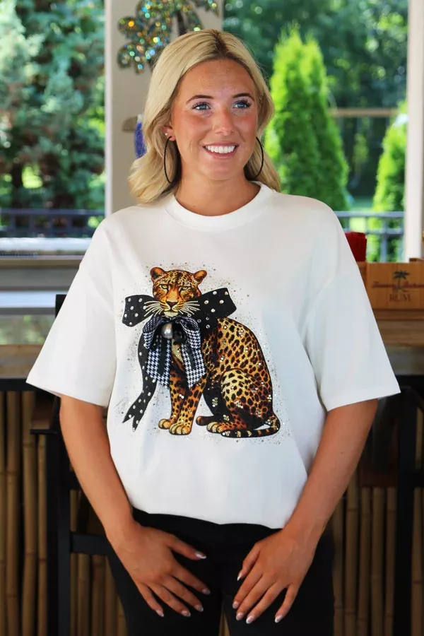 Rhinestone Accented Leopard Tee w/ Detachable Ribbon Bow