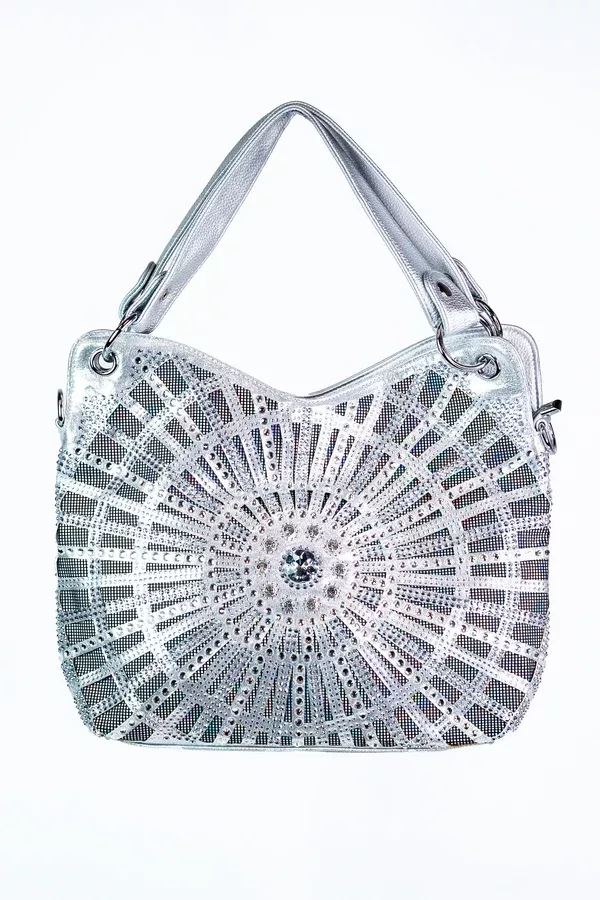 Rhinestone Circle Grid Over Holographic Print Handbag