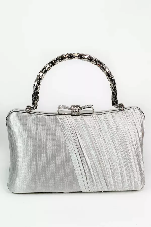 Satin Clutch w/ Pleated Overlay & Rhinestone Bowtie Closure