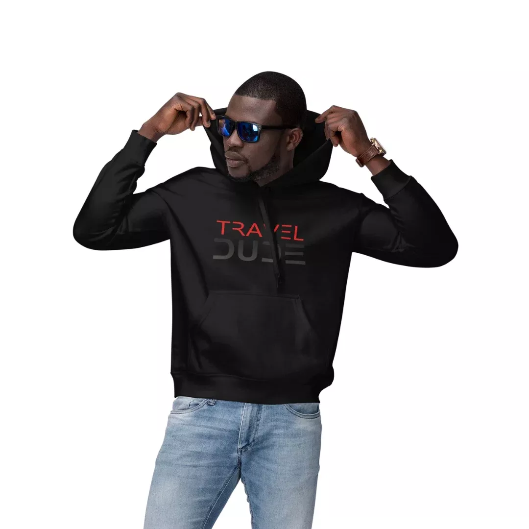 Travel Dude Men's Hoodie - Red and Black on Black Font Edition