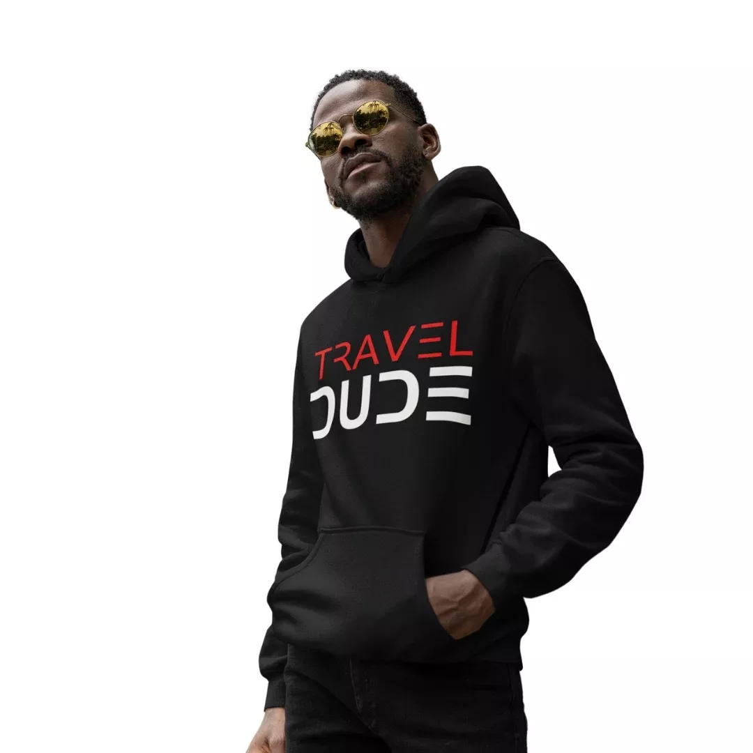 Travel Dude Men's Hoodie - Red and White Font Edition