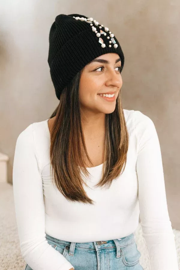 Triangle Bead and Pearl Beanie(SALE)