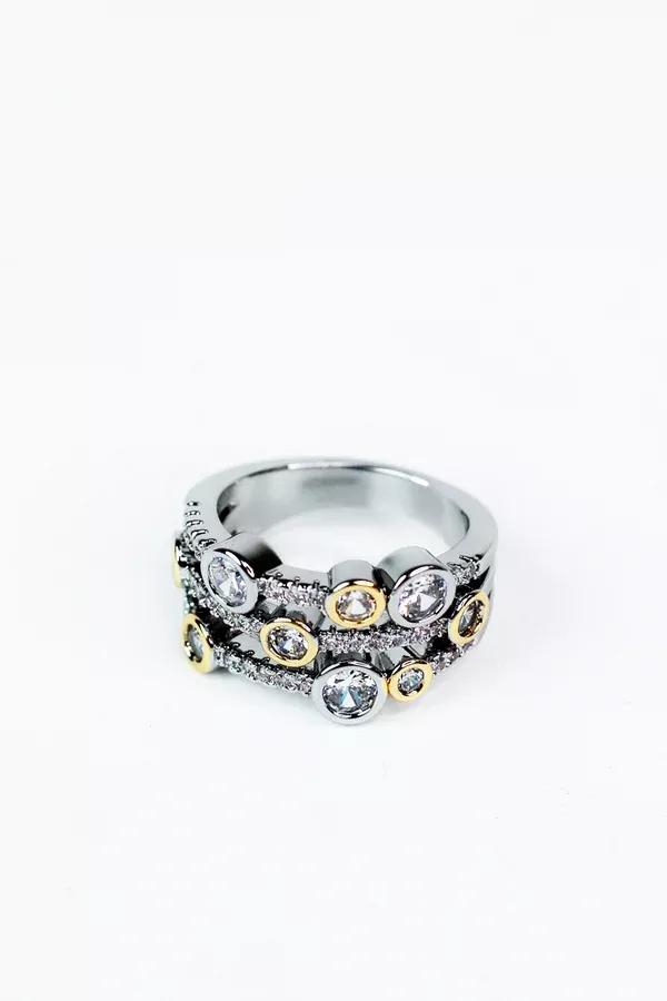 Two Toned 3 Row Pave & Stone Ring