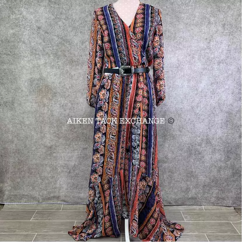 Venus Printed Stripe Long Dress w/ Belt, Size 10