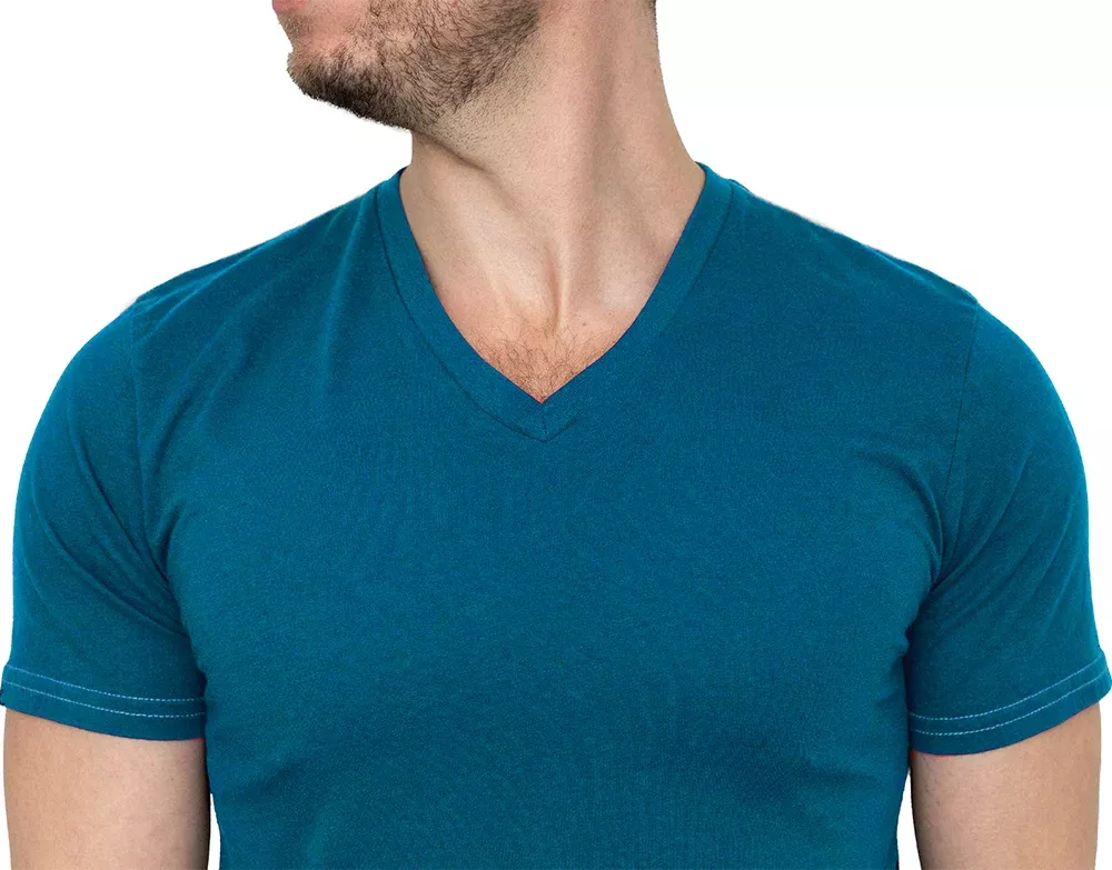 The "VICTOR" Teal Blue Cotton V-Neck Short Sleeve Tee - Made In USA (SIZE S)