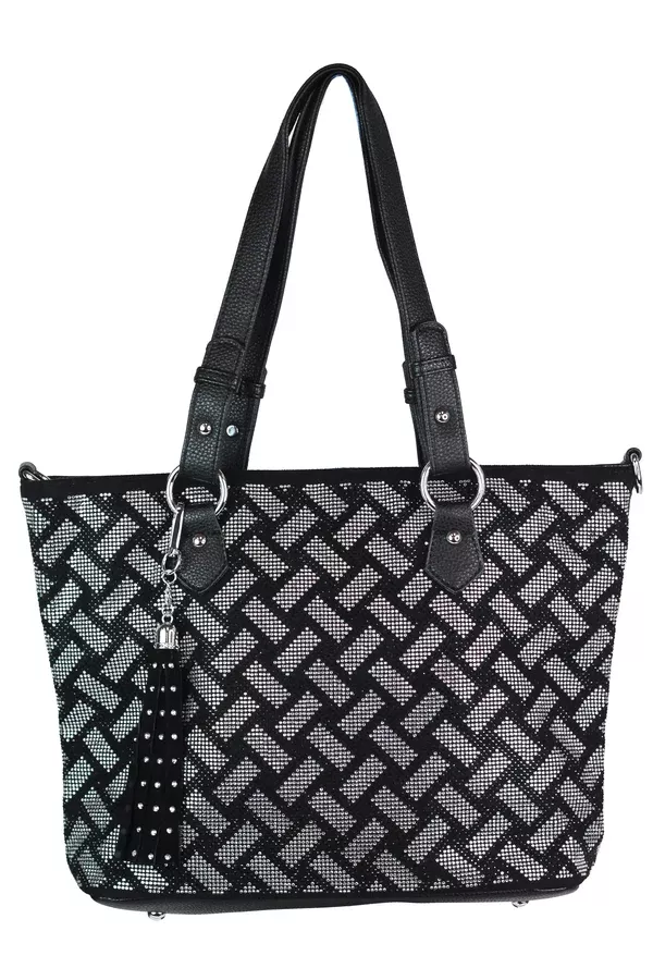 Woven Look Rhinestone Design Handbag w/ Tassel