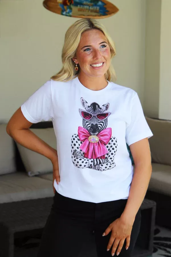 Zebra Wearing Sunglasses & Pink Bow w/ Rhinestone Brooch T-Shirt